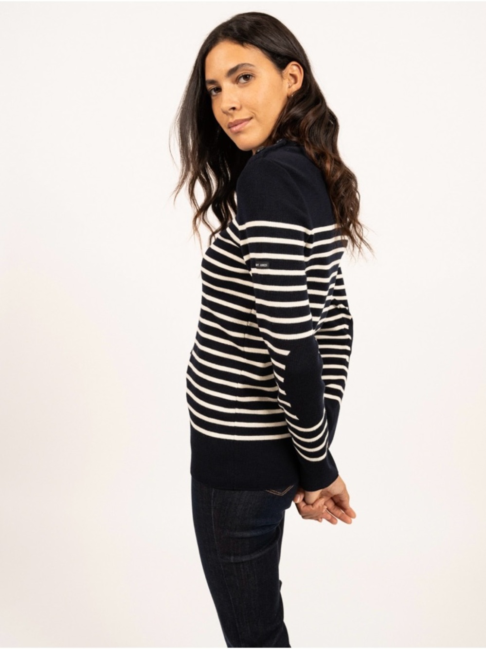 Saint James Bregancon Breton Navy Ivory  Sweater Jacquard Elbow Patch $305